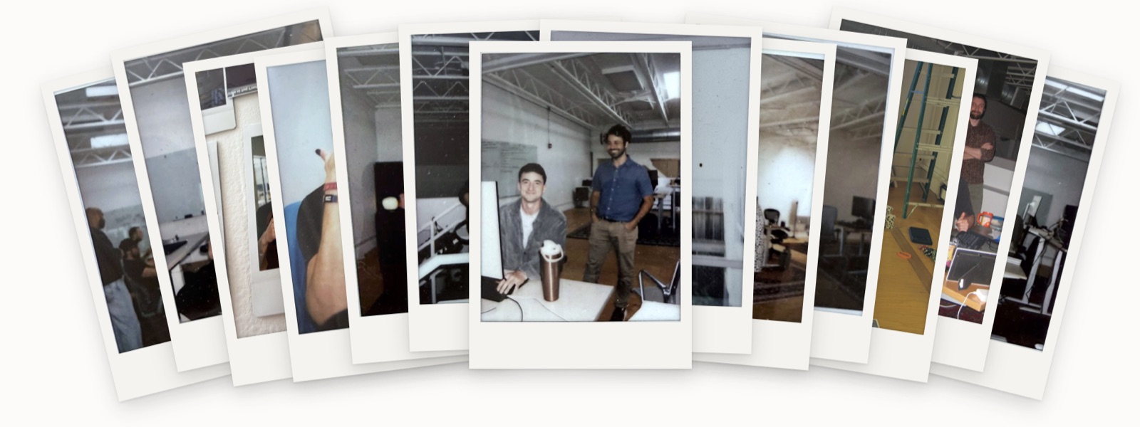 A spread of polaroids from the Raindrop office